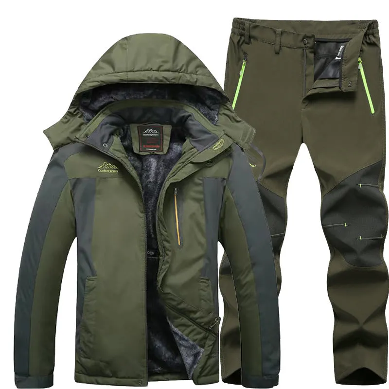 Men's outdoor windproof jacket set with jogging pants in black and army green colour block