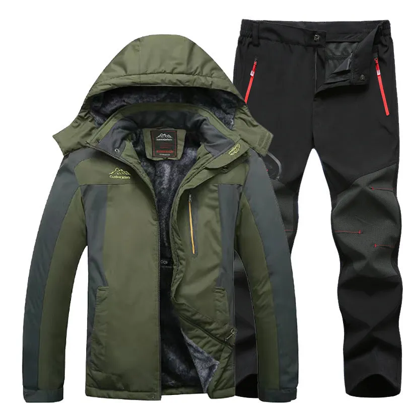 Men's outdoor windproof jacket set with jogging pants in black and army green colour block