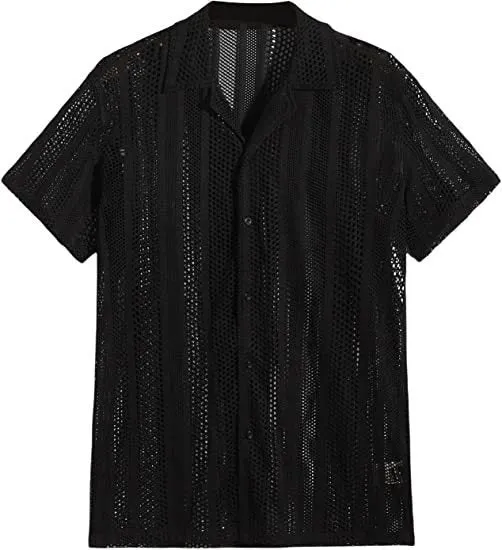 Men's knitted short-sleeve button shirt in black with a cardigan style front.