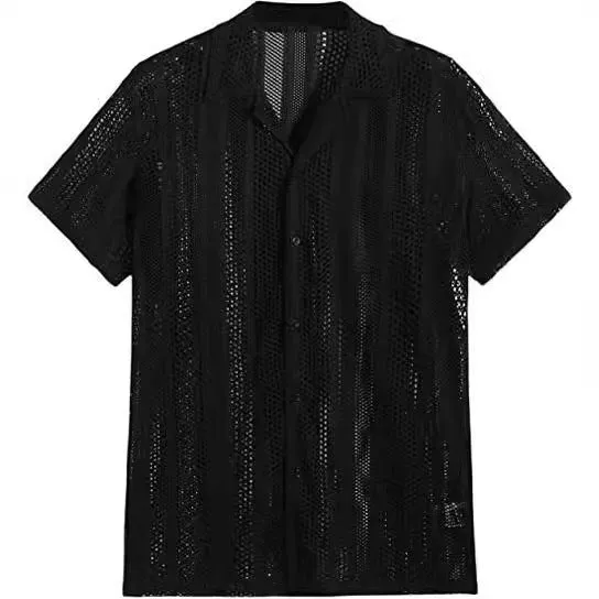 Men's knitted short-sleeve button shirt in black with a cardigan style front.