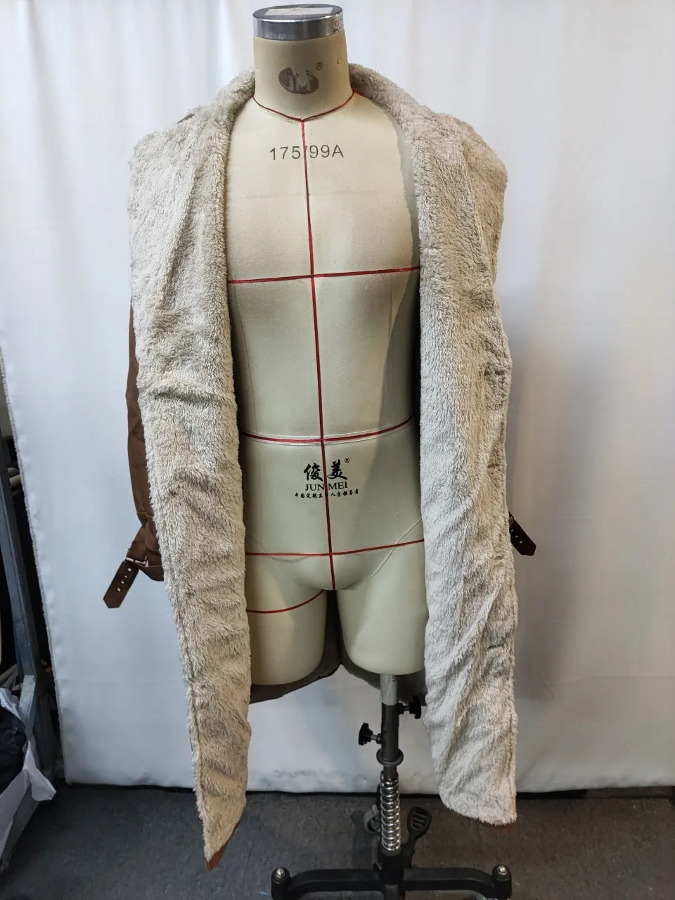 Men's retro brown suede long coat jacket with arctic fleece lining laid flat