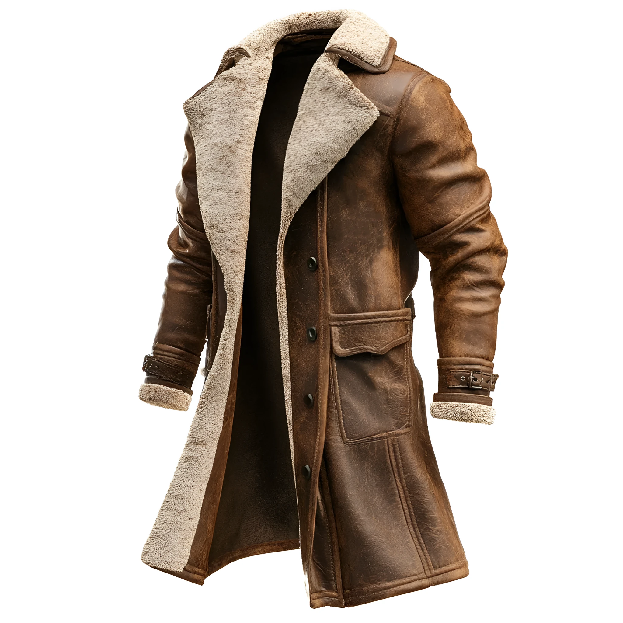 Men's retro brown suede long coat jacket with arctic fleece lining laid flat