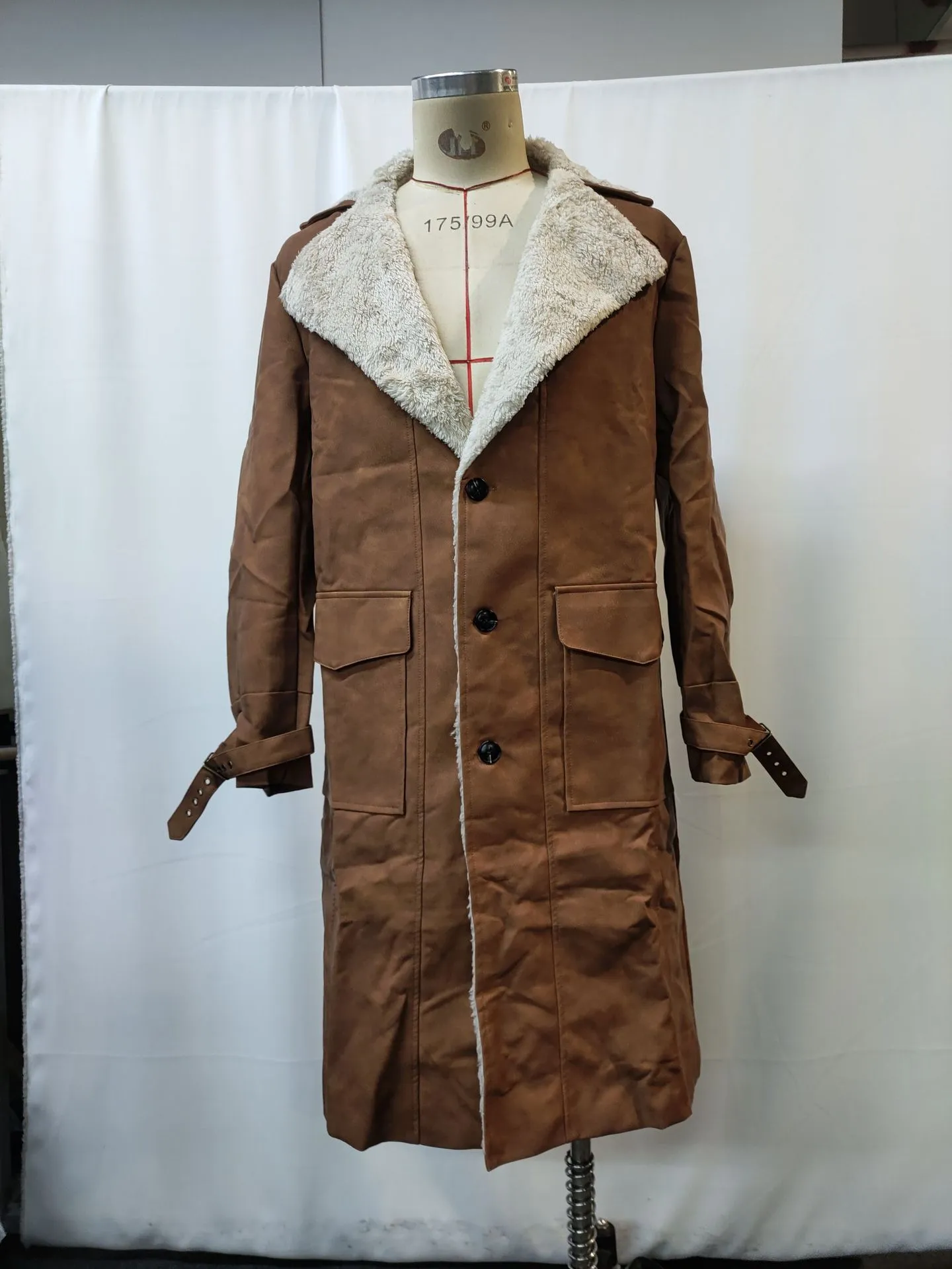 Men's retro brown suede long coat jacket with arctic fleece lining laid flat
