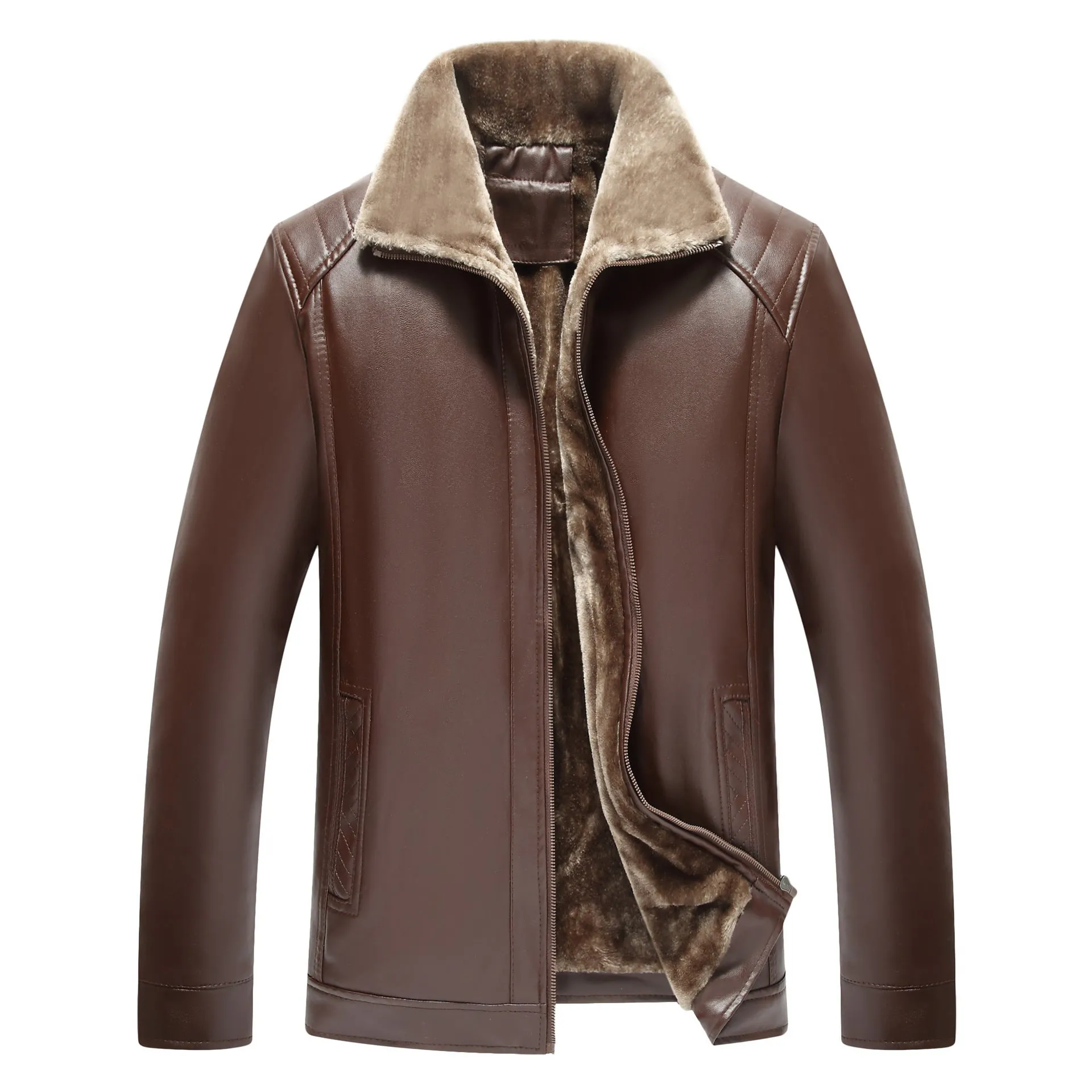 Men's fur-lined artificial leather jacket in black, slim fit, side seam pockets, winter casual wear
