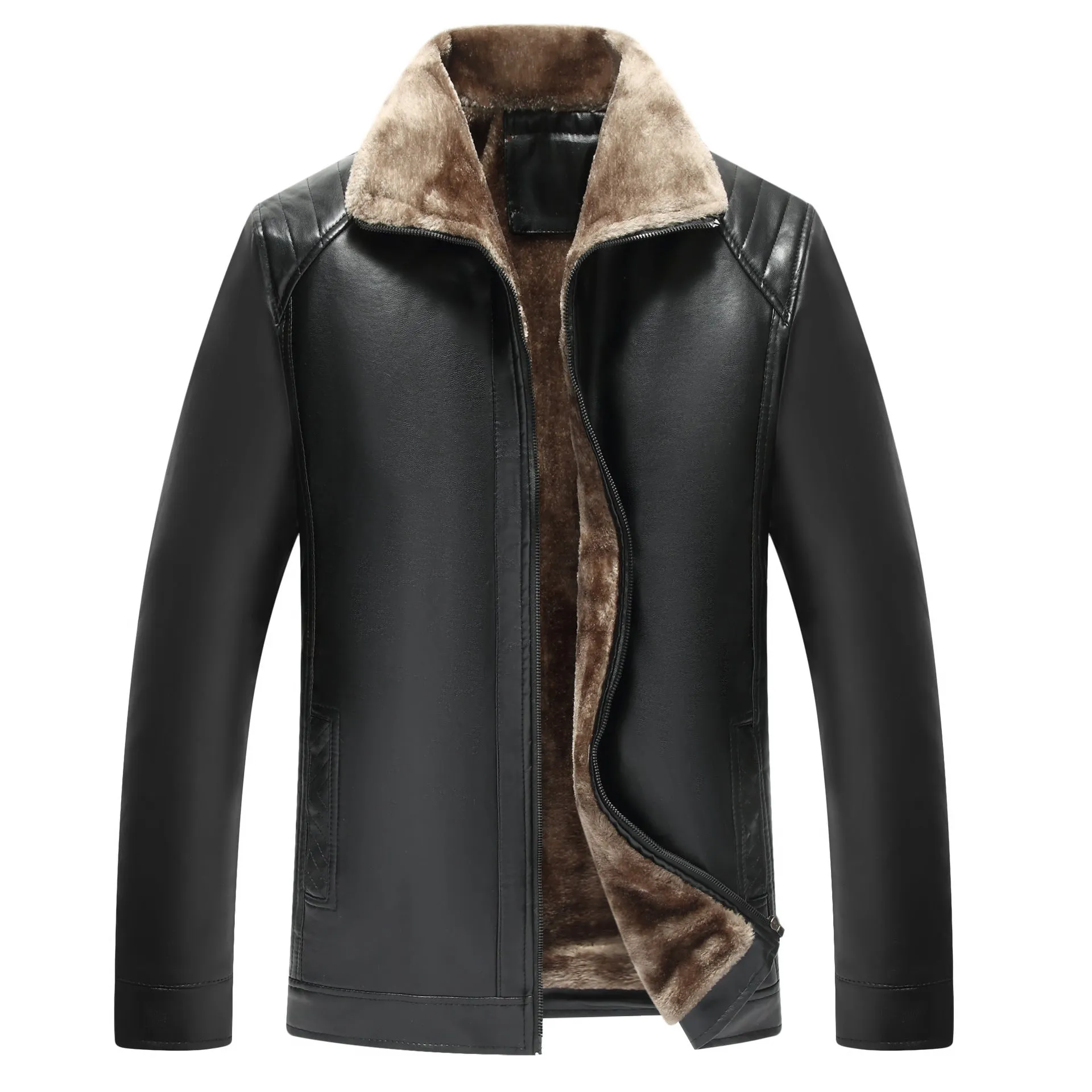 Men's fur-lined artificial leather jacket in black, slim fit, side seam pockets, winter casual wear