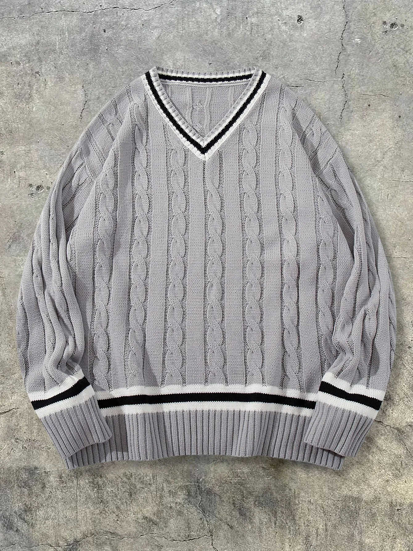 American collegiate style V-neck acrylic sweater in white, loose fit, pullover design for men