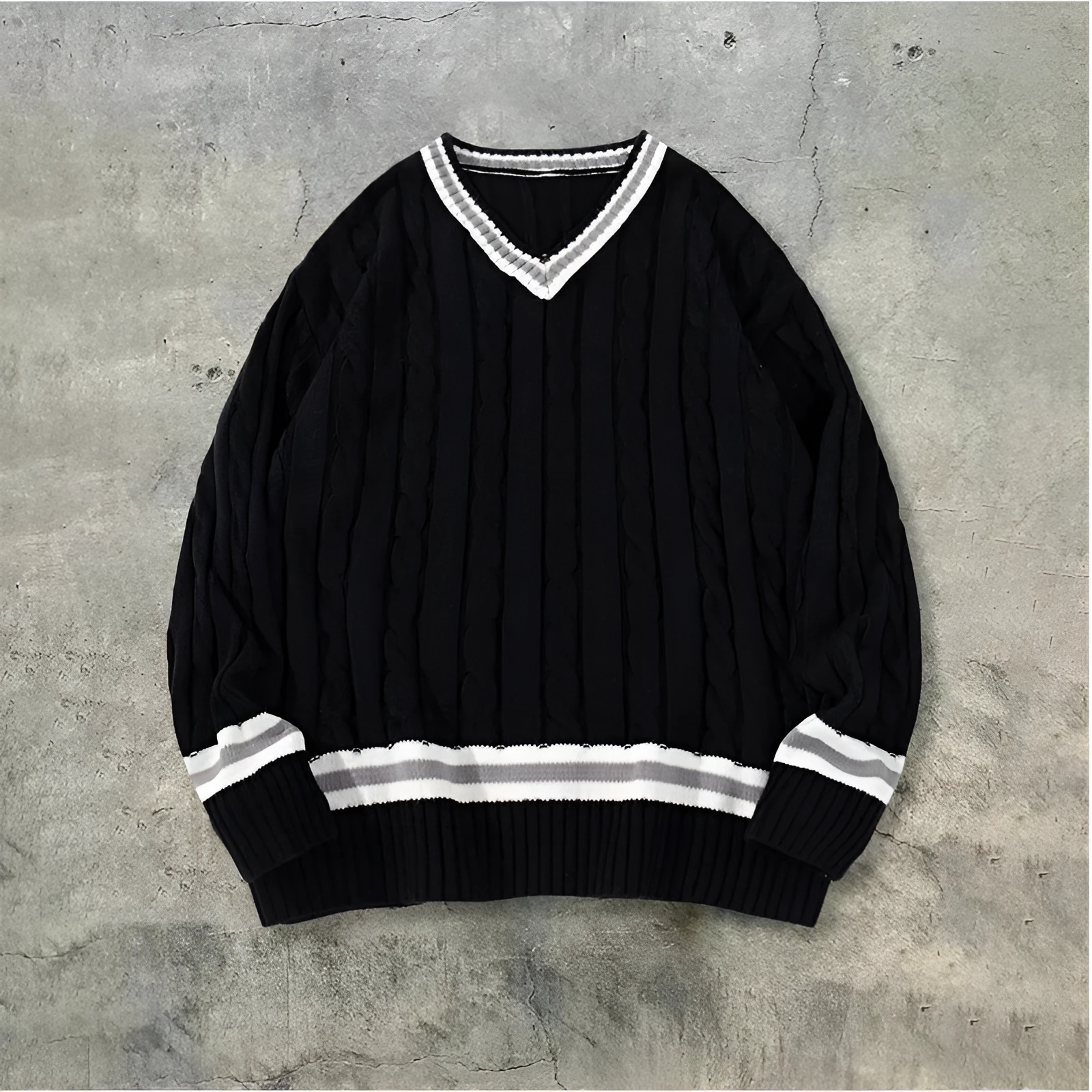 American collegiate style V-neck acrylic sweater in white, loose fit, pullover design for men