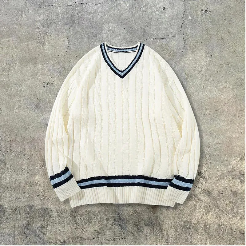 American collegiate style V-neck acrylic sweater in white, loose fit, pullover design for men