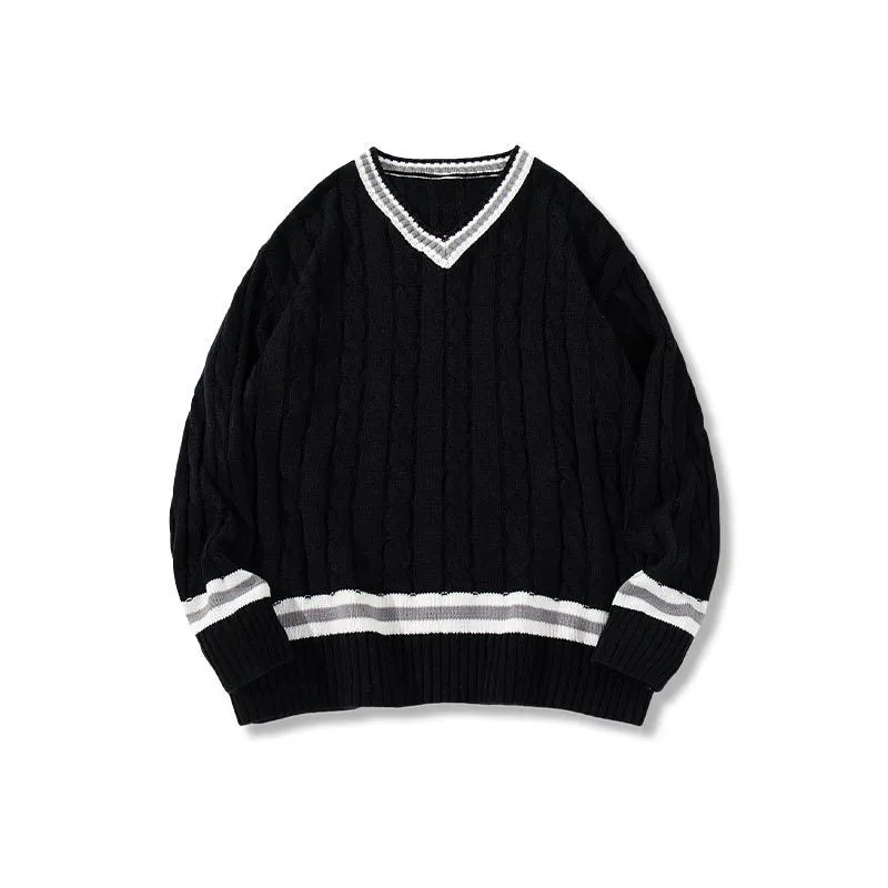 American collegiate style V-neck acrylic sweater in white, loose fit, pullover design for men