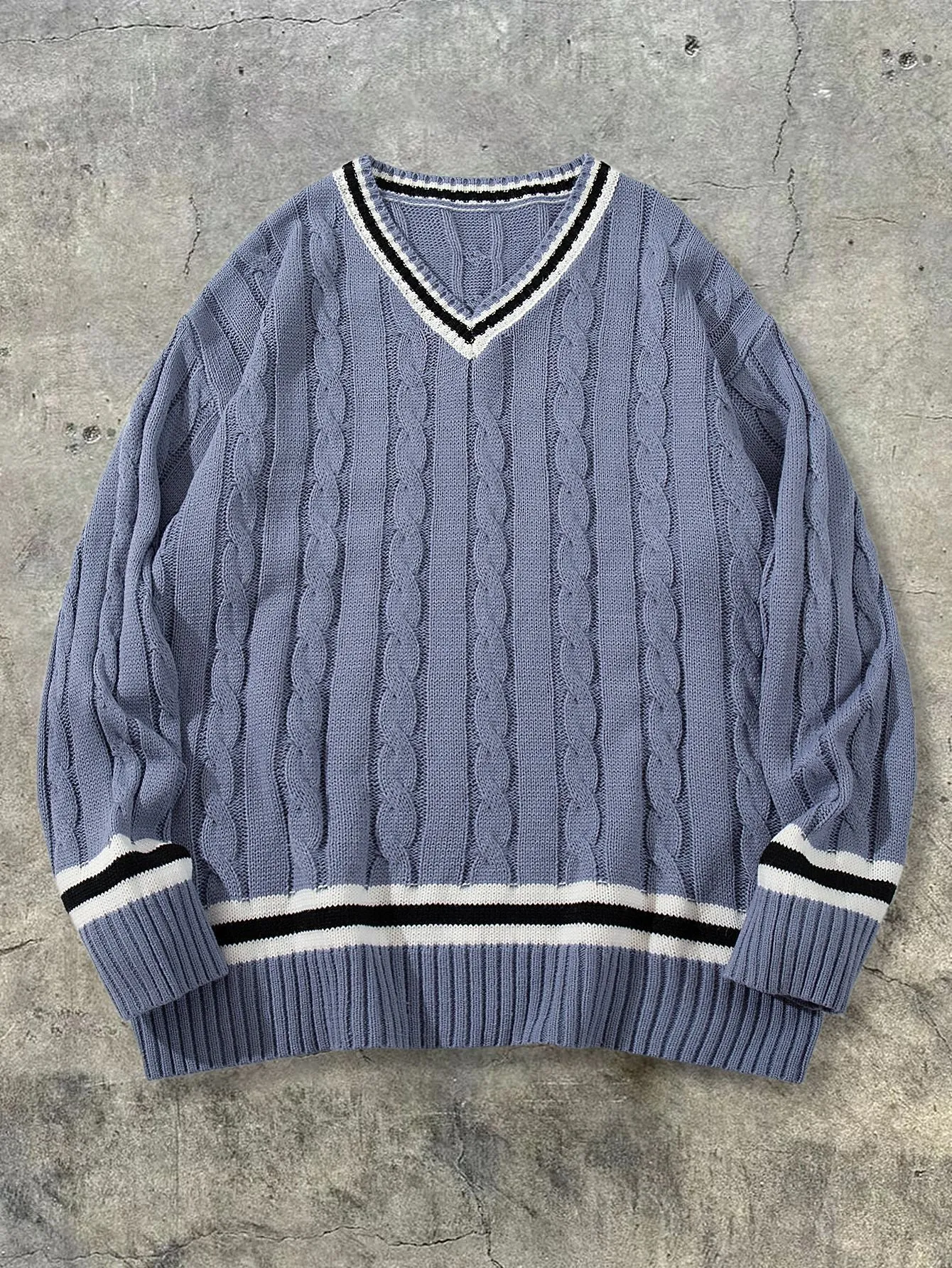 American collegiate style V-neck acrylic sweater in white, loose fit, pullover design for men