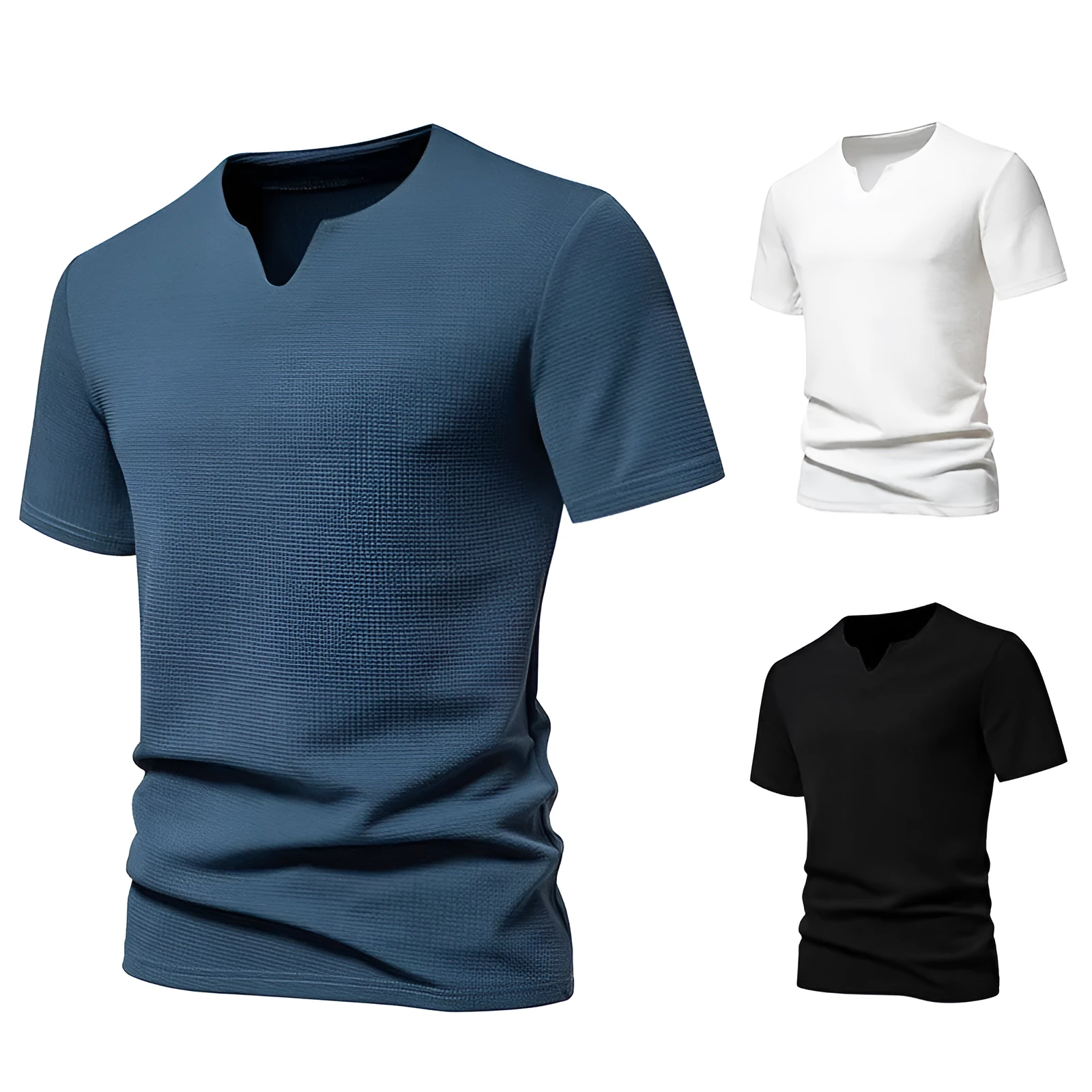 Men's bubble cloth V-neck T-shirt in solid colour, loose fit short sleeve summer top