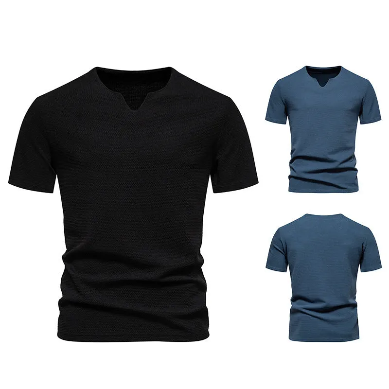 Men's bubble cloth V-neck T-shirt in solid colour, loose fit short sleeve summer top