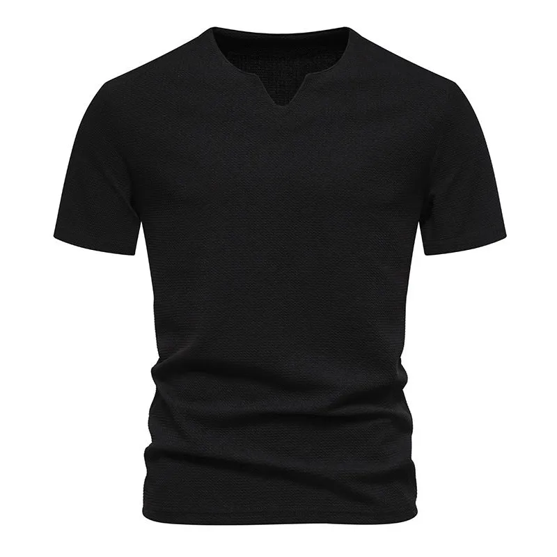 Men's bubble cloth V-neck T-shirt in solid colour, loose fit short sleeve summer top