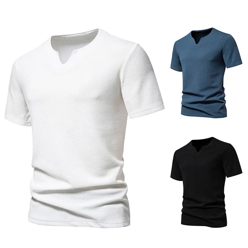 Men's bubble cloth V-neck T-shirt in solid colour, loose fit short sleeve summer top