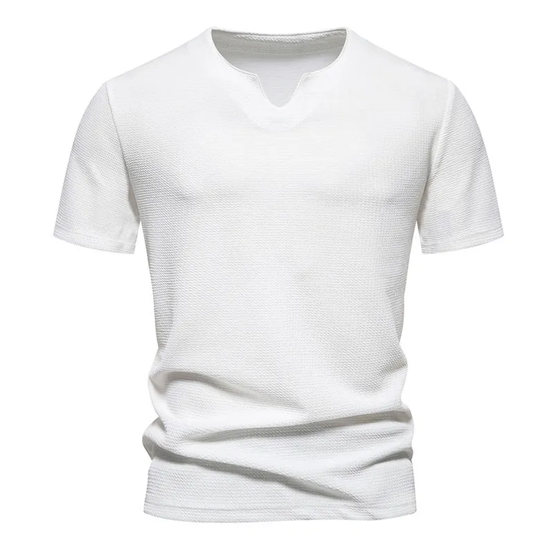 Men's bubble cloth V-neck T-shirt in solid colour, loose fit short sleeve summer top