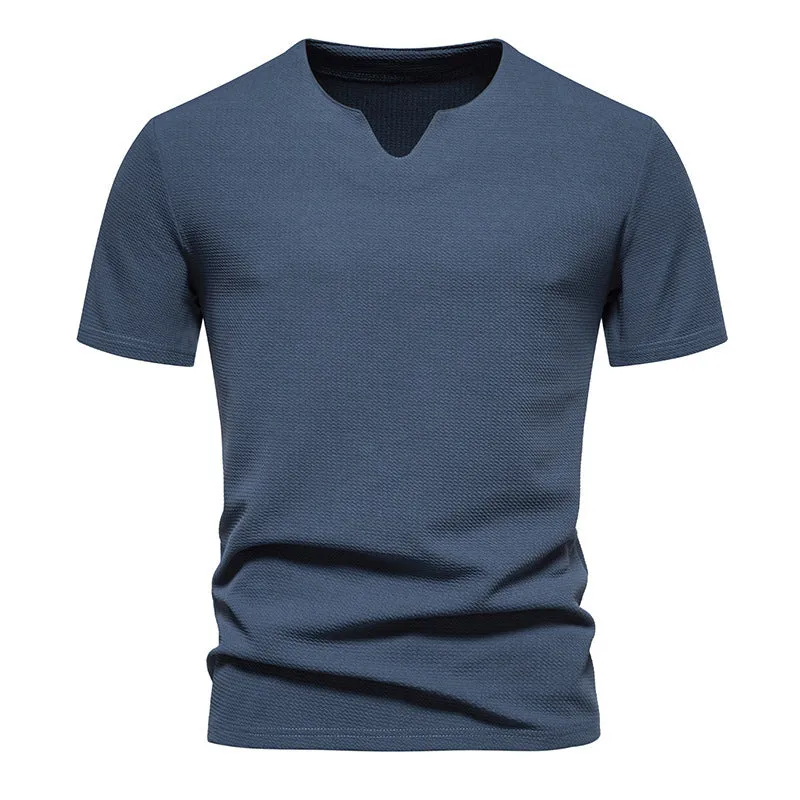 Men's bubble cloth V-neck T-shirt in solid colour, loose fit short sleeve summer top
