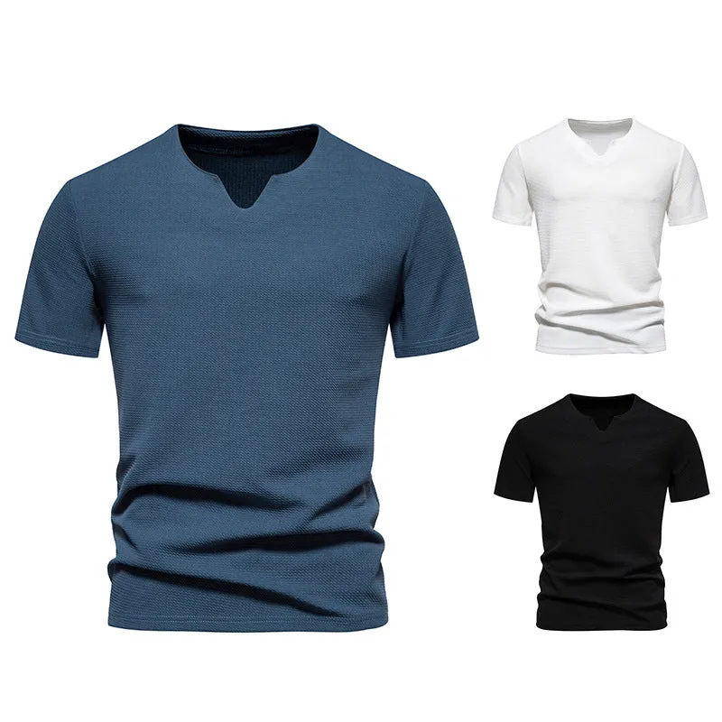 Men's bubble cloth V-neck T-shirt in solid colour, loose fit short sleeve summer top