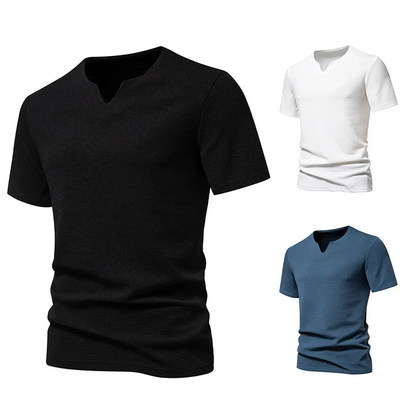 Men's bubble cloth V-neck T-shirt in solid colour, loose fit short sleeve summer top