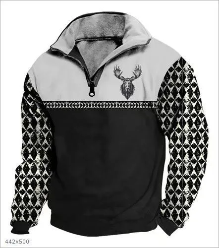 Men's digital print stand collar zip-up hoodie in loose fit, front view, no hood, long sleeves