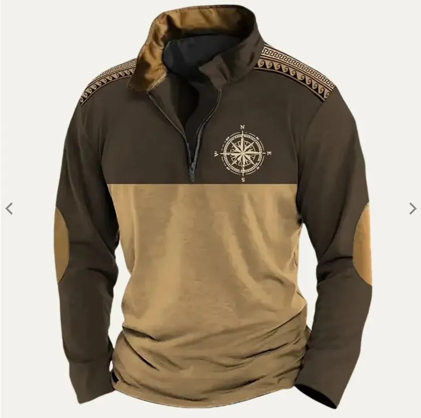 Men's digital print stand collar zip-up hoodie in loose fit, front view, no hood, long sleeves
