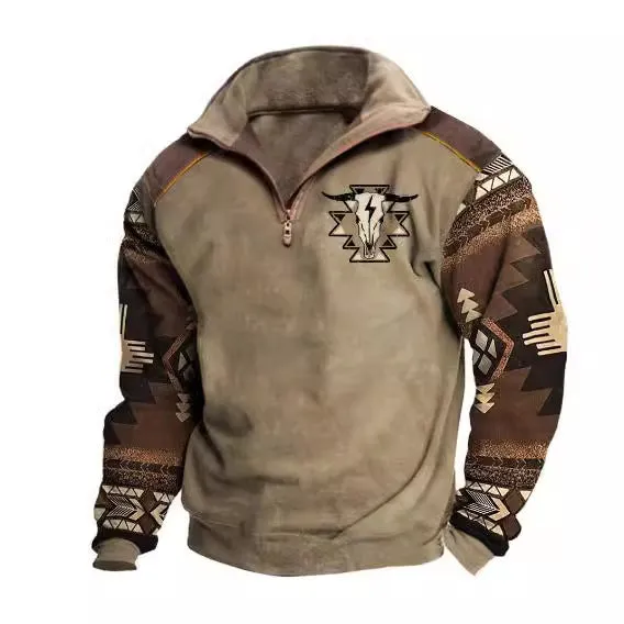 Men's digital print stand collar zip-up hoodie in loose fit, front view, no hood, long sleeves