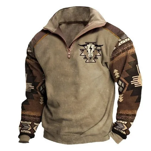 Men's digital print stand collar zip-up hoodie in loose fit, front view, no hood, long sleeves