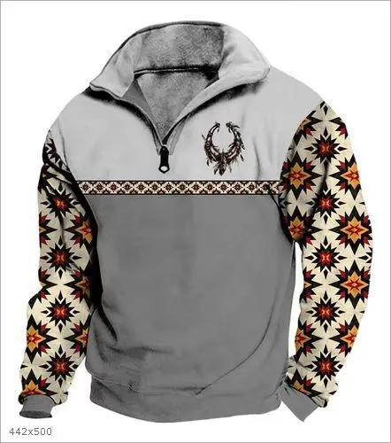 Men's digital print stand collar zip-up hoodie in loose fit, front view, no hood, long sleeves