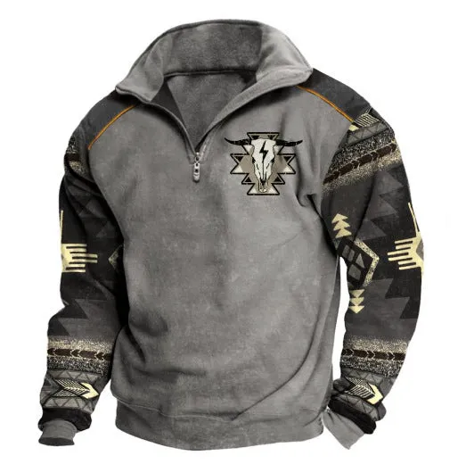 Men's digital print stand collar zip-up hoodie in loose fit, front view, no hood, long sleeves