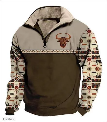 Men's digital print stand collar zip-up hoodie in loose fit, front view, no hood, long sleeves
