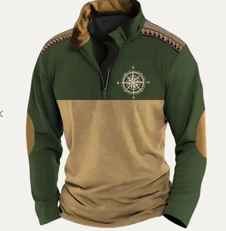 Men's digital print stand collar zip-up hoodie in loose fit, front view, no hood, long sleeves