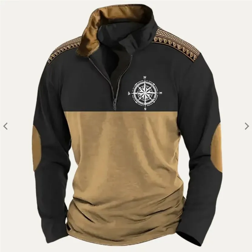 Men's digital print stand collar zip-up hoodie in loose fit, front view, no hood, long sleeves