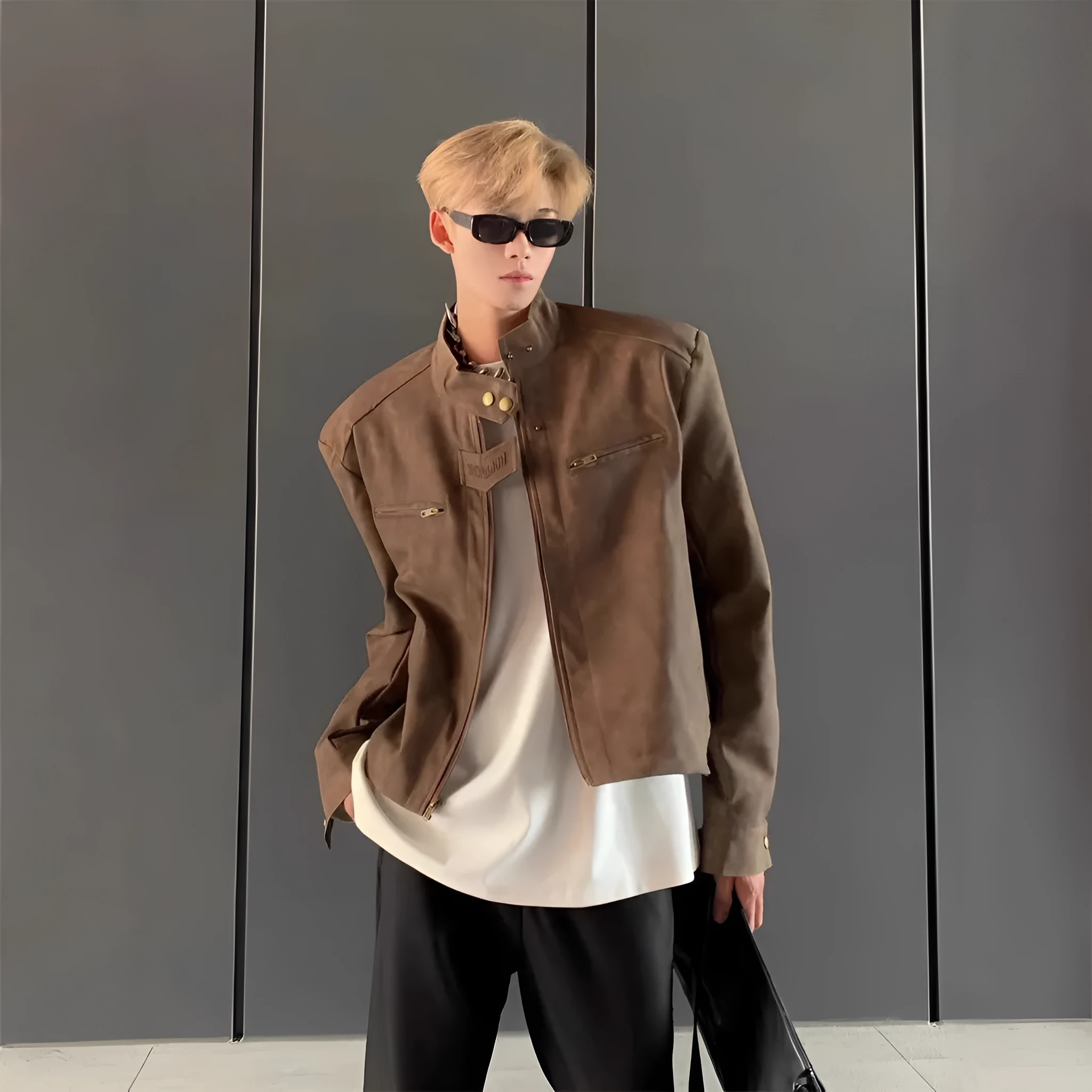 Men's brown loose cropped cotton blend jacket with straight hem and long sleeves