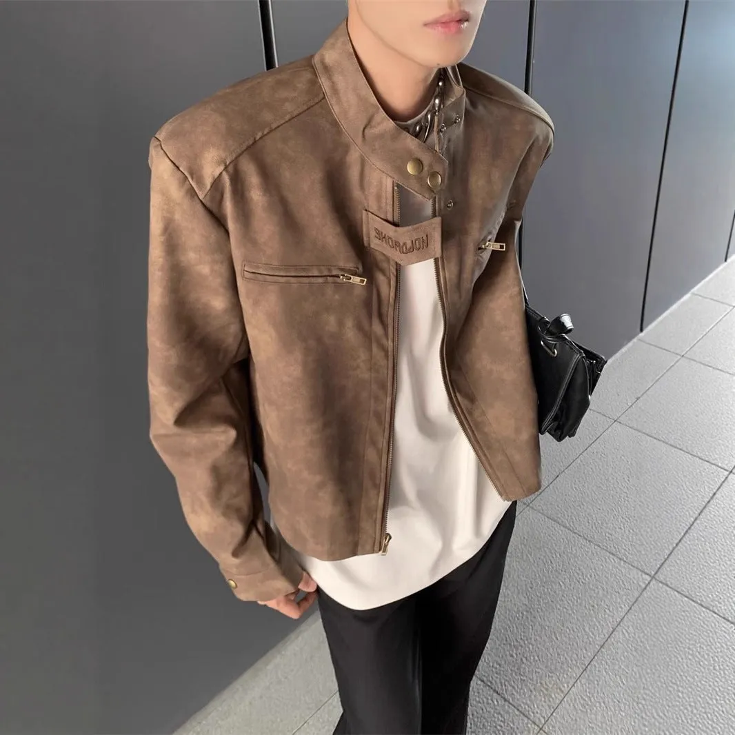 Men's brown loose cropped cotton blend jacket with straight hem and long sleeves