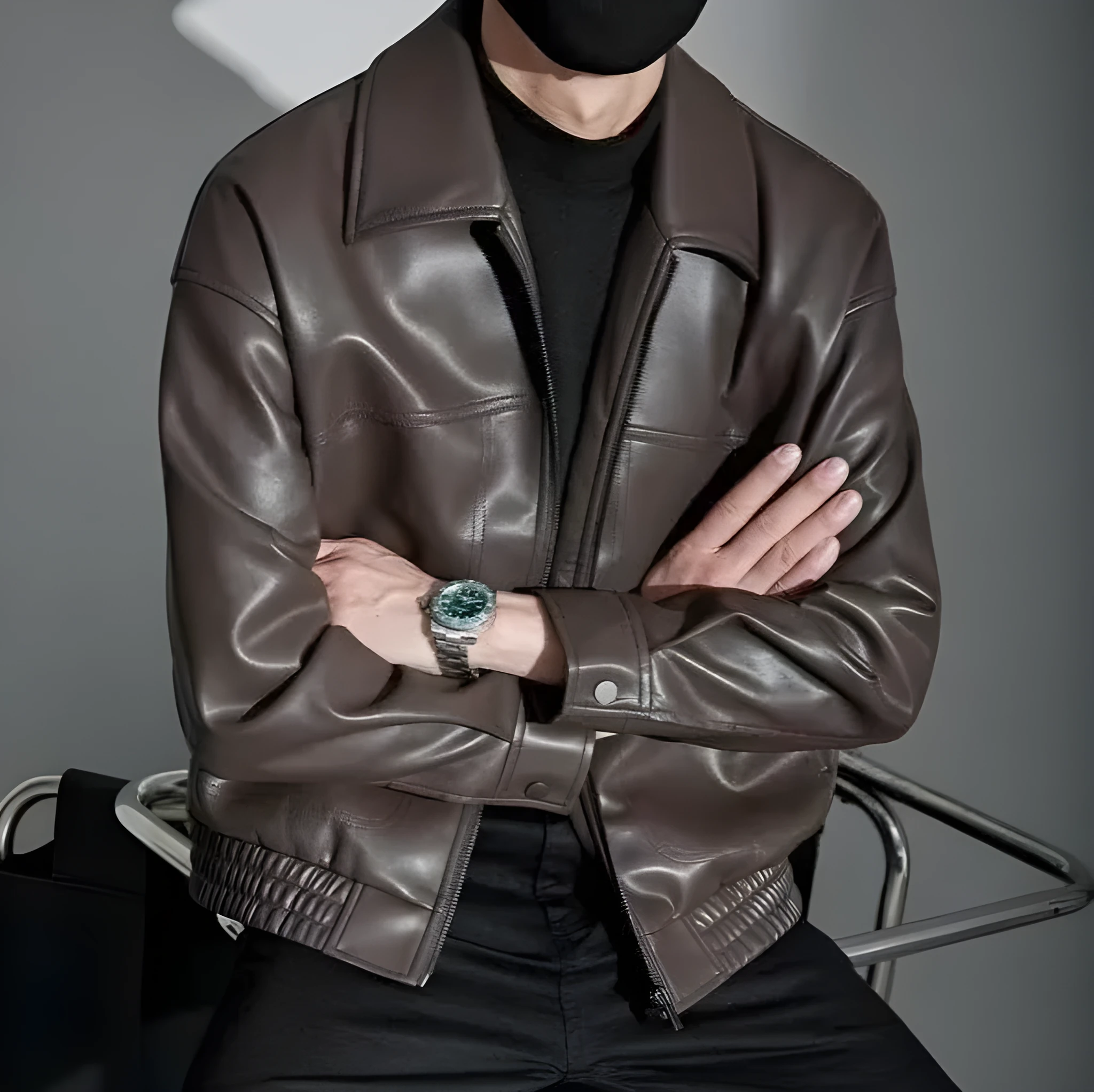 Men's lapel motorcycle jacket cotton blend slim fit black long sleeves size M to 3XL