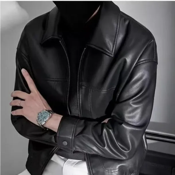 Men's lapel motorcycle jacket cotton blend slim fit black long sleeves size M to 3XL