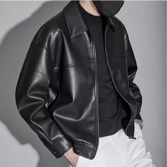 Men's lapel motorcycle jacket cotton blend slim fit black long sleeves size M to 3XL