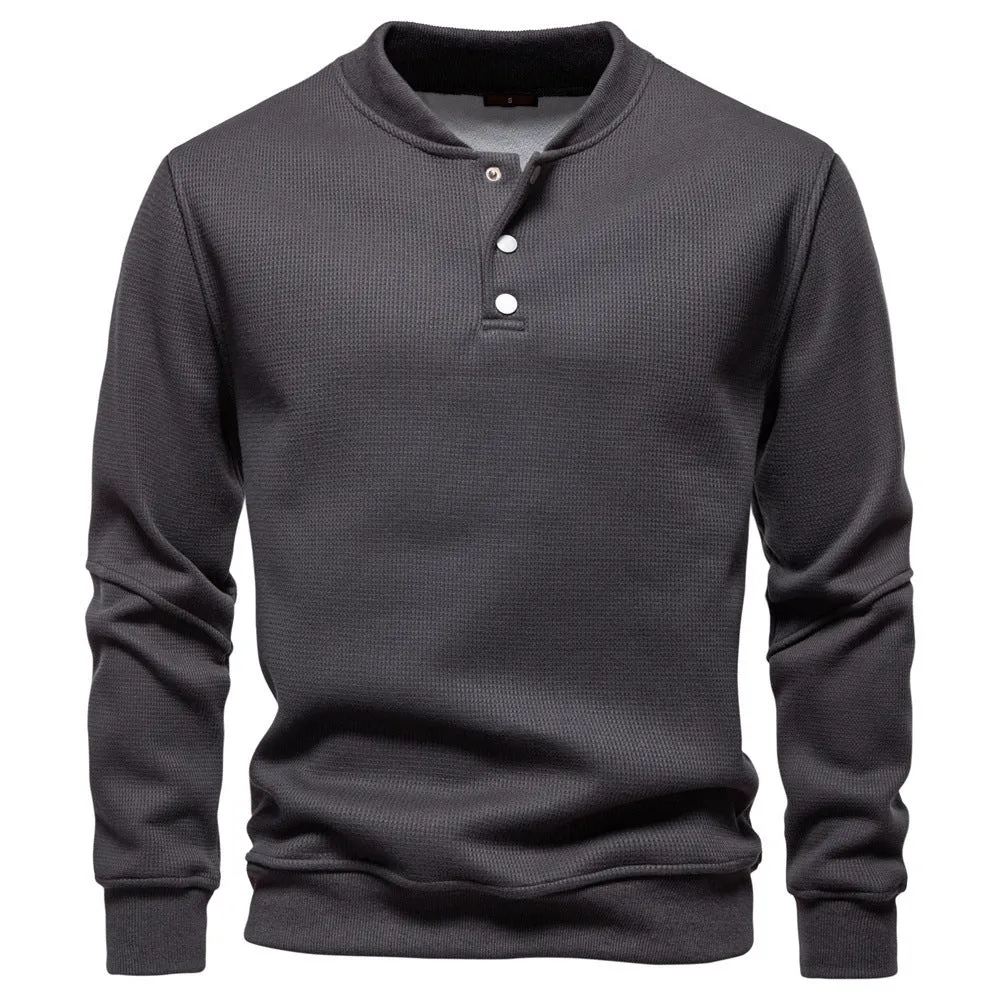 Men's fleece-lined round neck sweatshirt in black, long sleeves, ribbed cuffs, casual fit