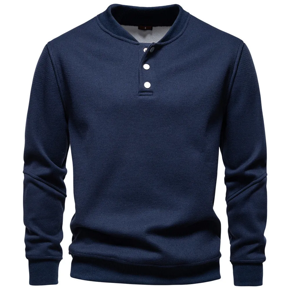 Men's fleece-lined round neck sweatshirt in black, long sleeves, ribbed cuffs, casual fit