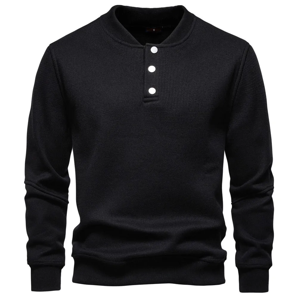 Men's fleece-lined round neck sweatshirt in black, long sleeves, ribbed cuffs, casual fit
