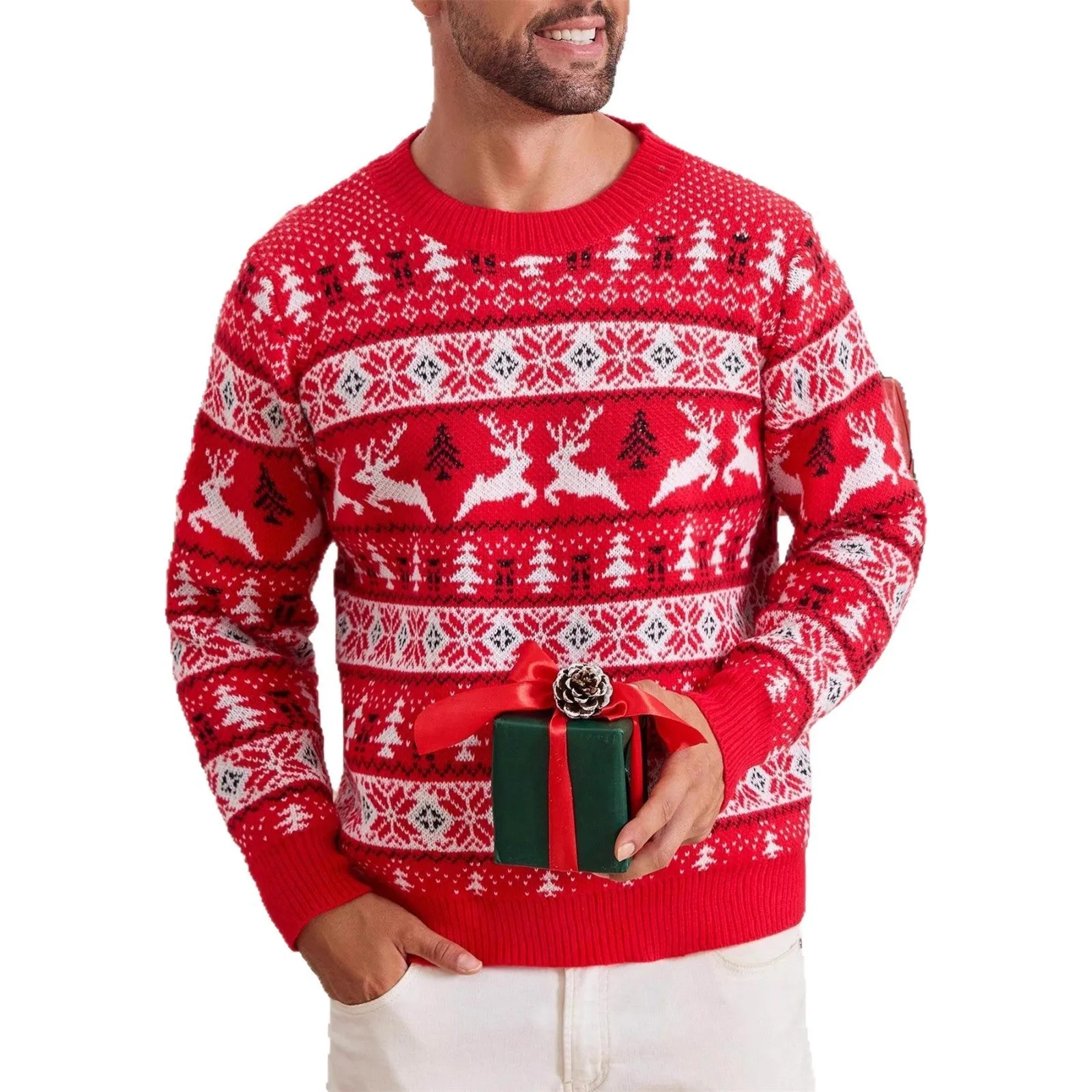 Men's red jacquard Christmas sweater with round neck and long sleeves on a model