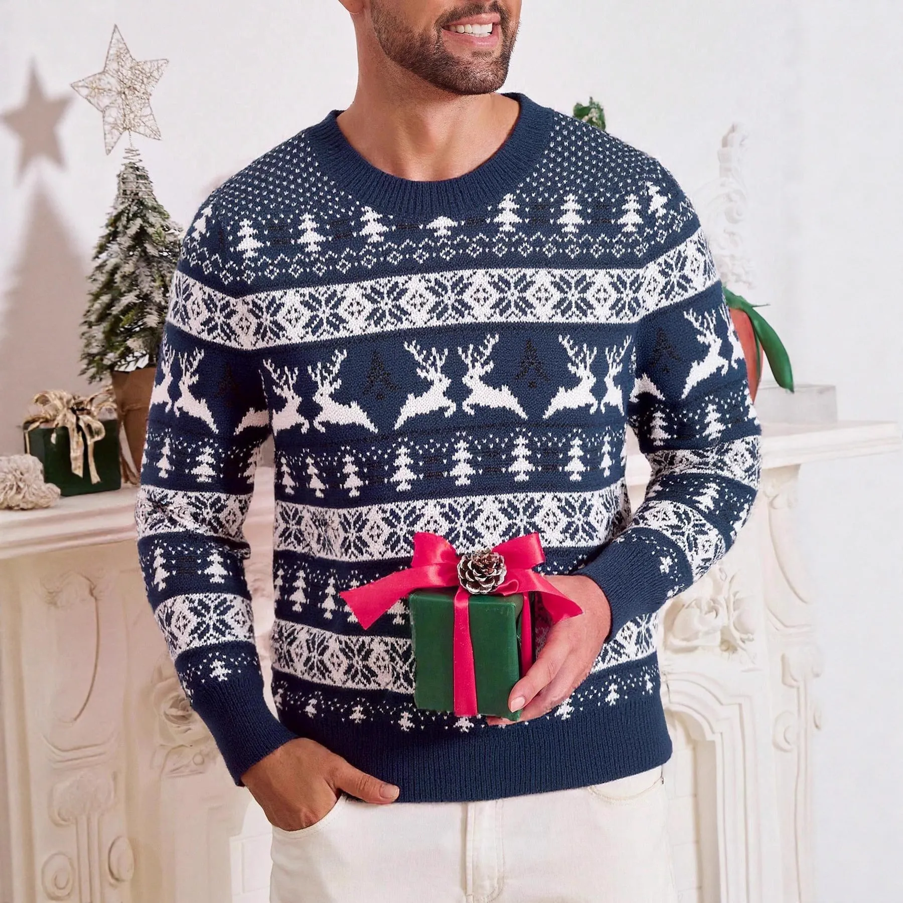 Men's red jacquard Christmas sweater with round neck and long sleeves on a model