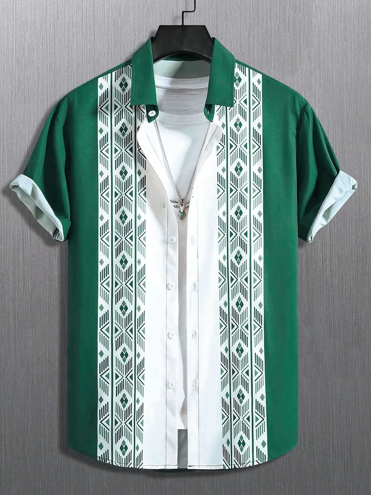 Men's plaid short-sleeved shirt with lapel cardigan style in polyester elastic fabric
