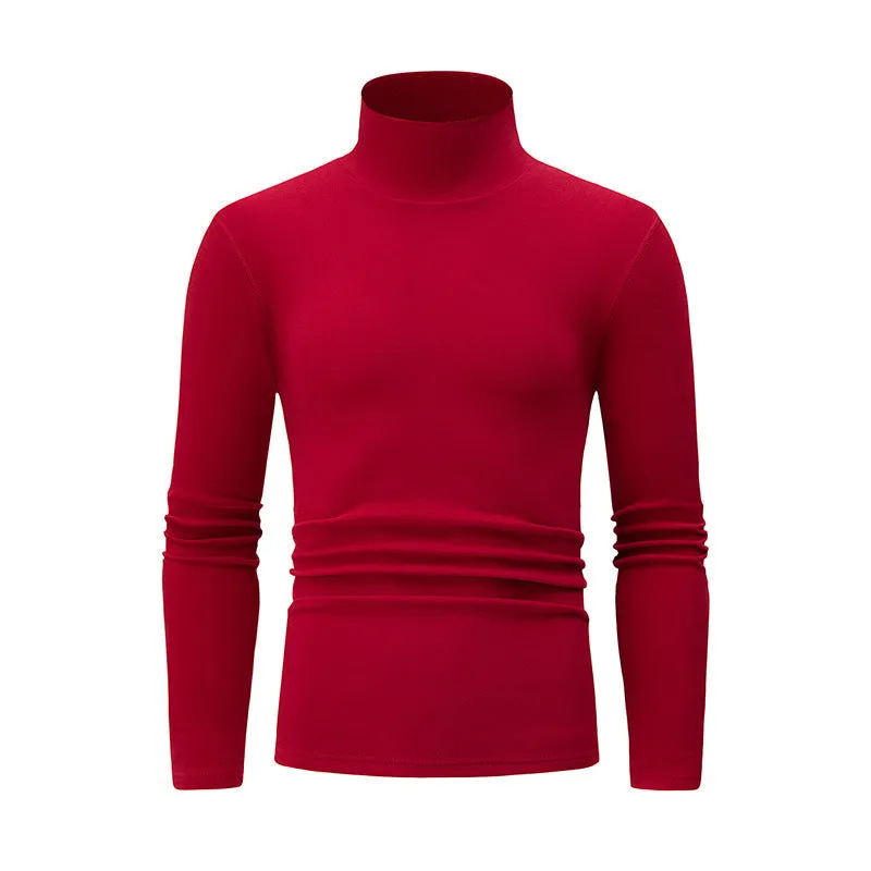Men's solid colour high-neck polyester base layer top in black, long sleeves, thick fabric for winter warmth