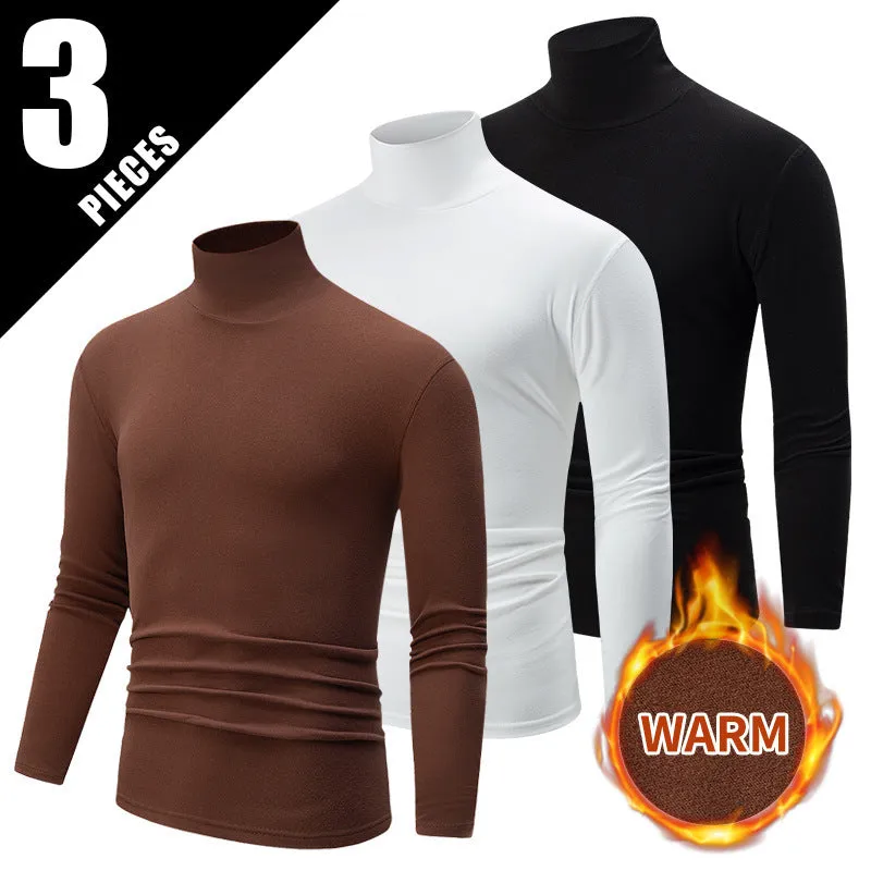 Men's solid colour high-neck polyester base layer top in black, long sleeves, thick fabric for winter warmth