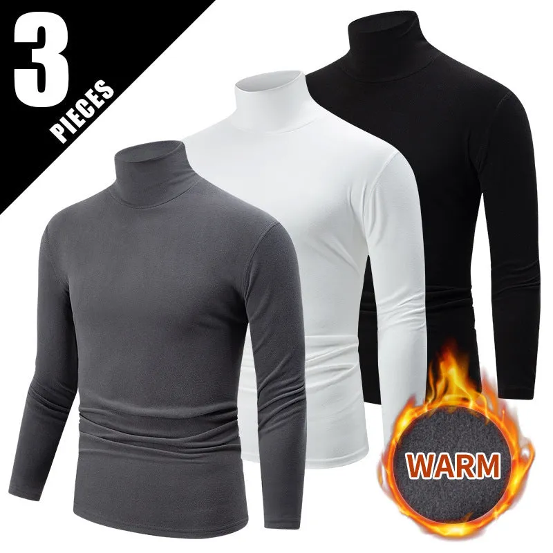 Men's solid colour high-neck polyester base layer top in black, long sleeves, thick fabric for winter warmth