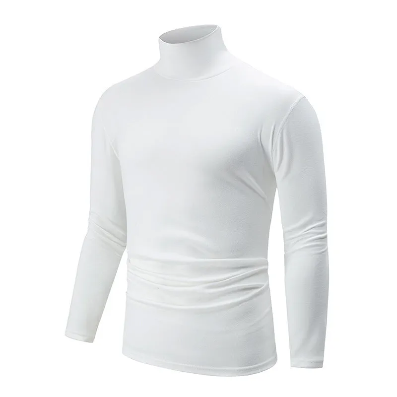 Men's solid colour high-neck polyester base layer top in black, long sleeves, thick fabric for winter warmth