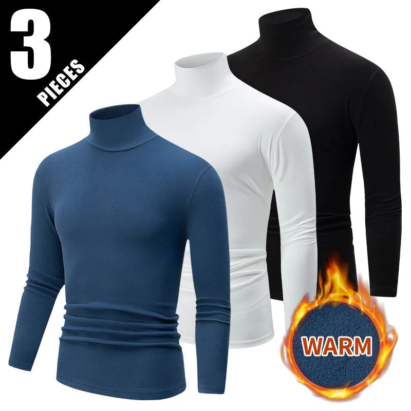 Men's solid colour high-neck polyester base layer top in black, long sleeves, thick fabric for winter warmth