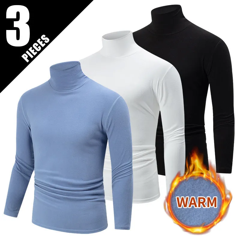 Men's solid colour high-neck polyester base layer top in black, long sleeves, thick fabric for winter warmth