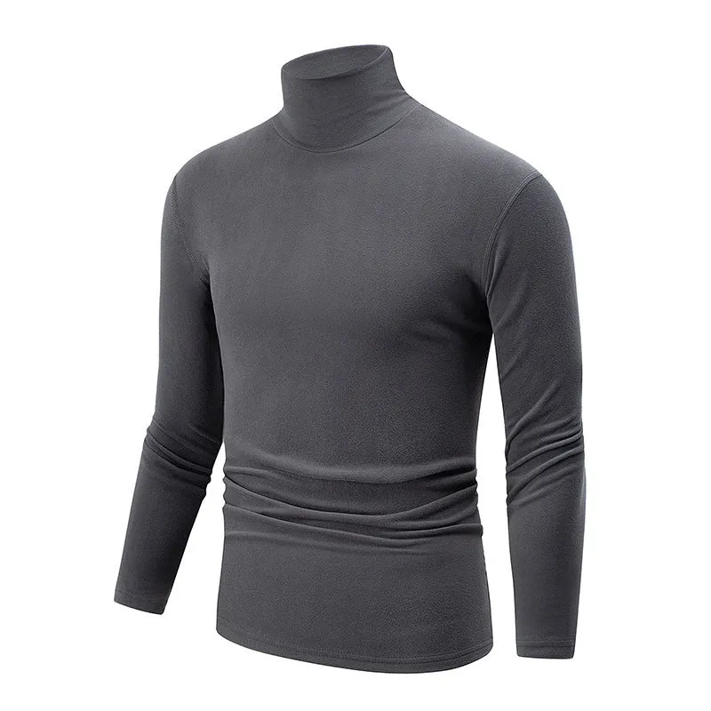Men's solid colour high-neck polyester base layer top in black, long sleeves, thick fabric for winter warmth