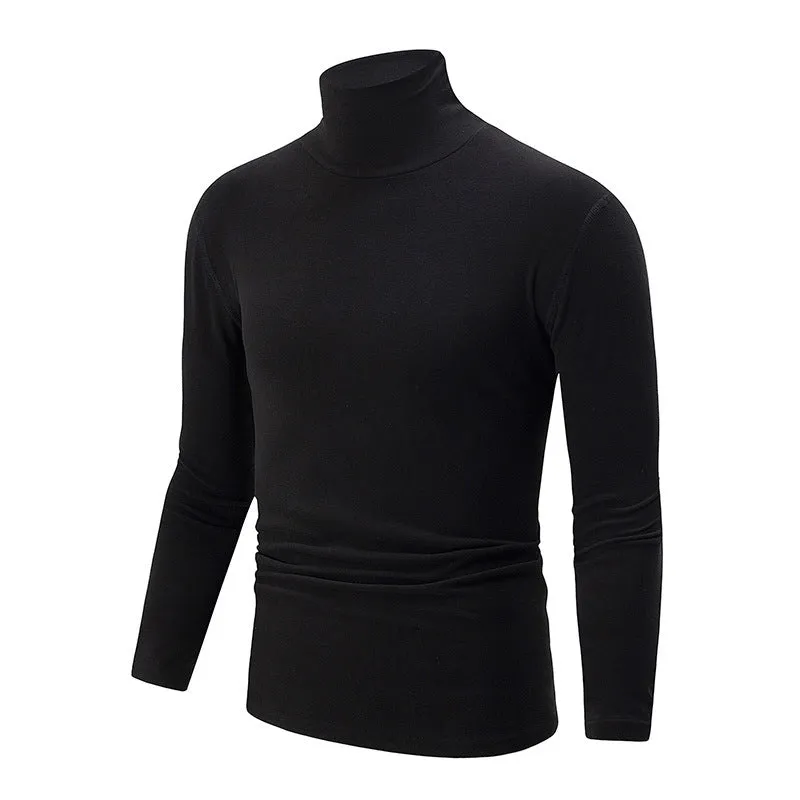 Men's solid colour high-neck polyester base layer top in black, long sleeves, thick fabric for winter warmth